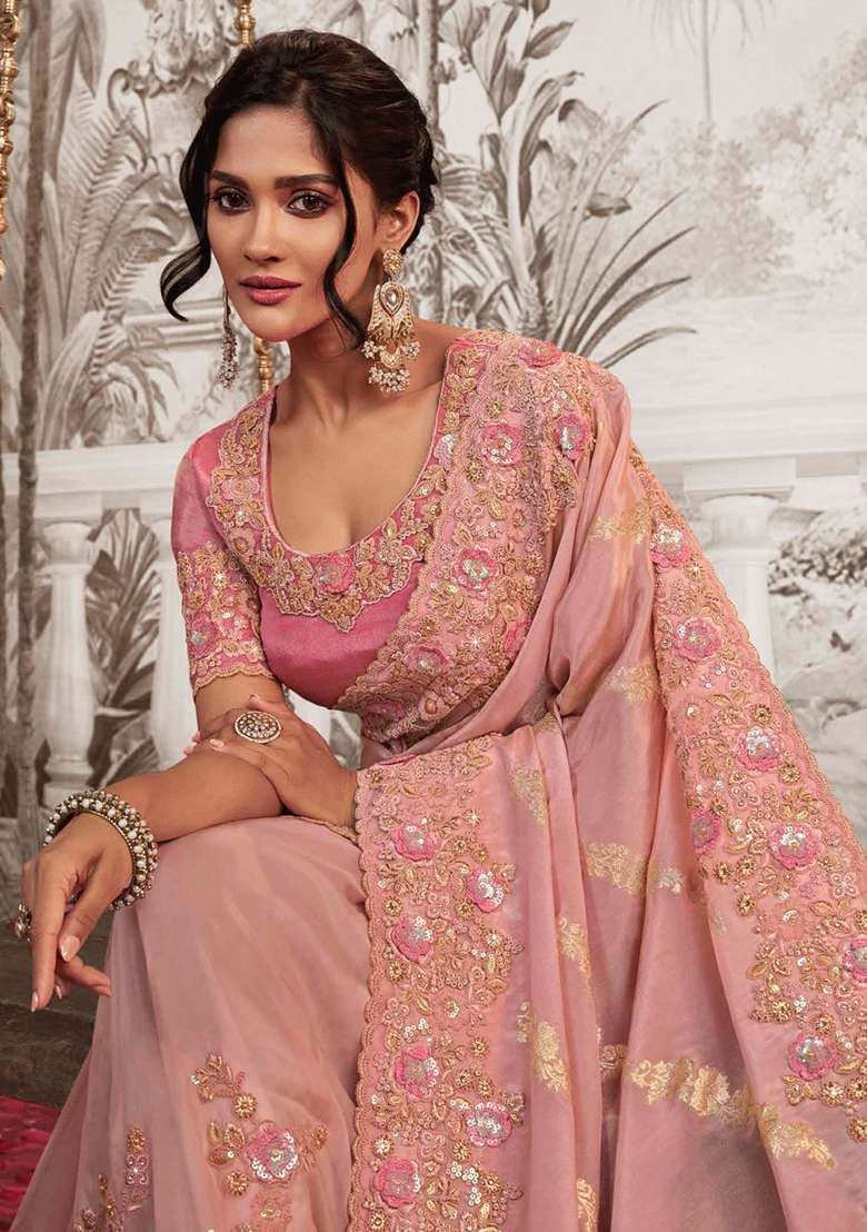 Pink Embroidered Silk Blend Saree Set - Indya